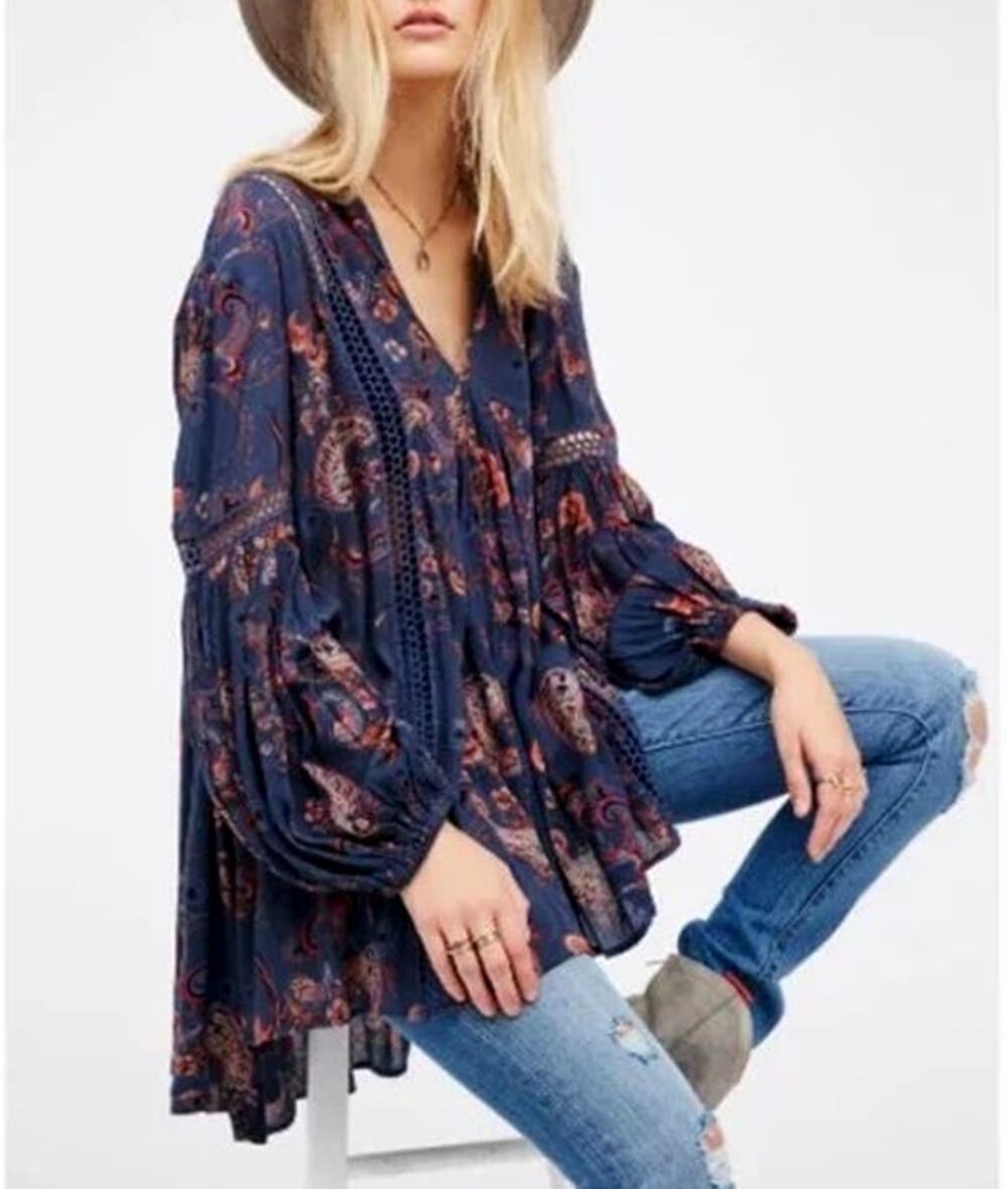 Free People Just The Two Of Us Paisley Blue Tunic Top Dress Size S